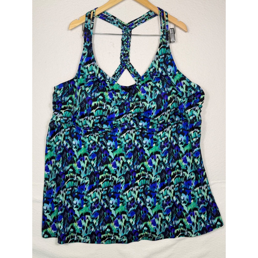 Swim365‎ Tankini Top Womens 34 Blue Green Abstract Braided Racerback 64-1076-5